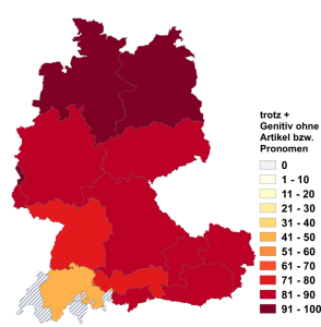 Relative Auftretenshäufigkeit von trotz + Genitiv ohne Artikel bzw. Pronomen innerhalb der einzelnen Areale im Verhältnis zu trotz + Dativ ohne Artikel bzw. Pronomen (in %)