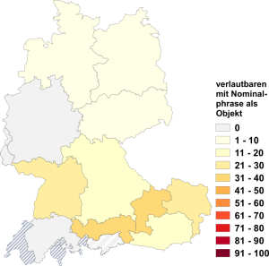 Relative Auftretenshäufigkeit von verlautbaren mit Nominalphrase als Objekt innerhalb der einzelnen Areale im Verhältnis zu verlautbaren mit Nebensatz oder ohne Objekt (in %)