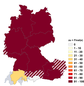 Relative Auftretenshäufigkeit von zu + Final(e) innerhalb der einzelnen Areale im Verhältnis zu an + Final(e) (in %)