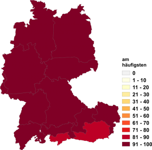 Relative Auftretenshäufigkeit von am häufigsten innerhalb der einzelnen Areale im Verhältnis zu am öftesten (in %)