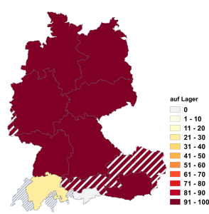 Relative Auftretenshäufigkeit von auf Lager innerhalb der einzelnen Areale im Verhältnis zu an Lager (in %)
