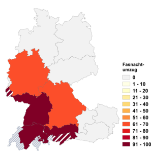 Relative Auftretenshäufigkeit von Fasnachtsumzug innerhalb der einzelnen Areale im Verhältnis zu Fastnachtszug (in %)