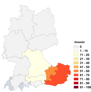 Relative Auftretenshäufigkeit von -klassler innerhalb der einzelnen Areale im Verhältnis zu -klässler (in %)