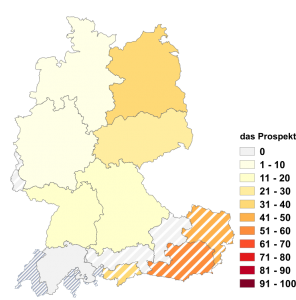 Relative Auftretenshäufigkeit von das Prospekt innerhalb der einzelnen Areale im Verhältnis zu der Prospekt (in %)