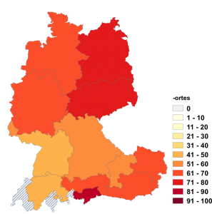 Relative Auftretenshäufigkeit von -ortes innerhalb der einzelnen Areale im Verhältnis zu -orts (in %)