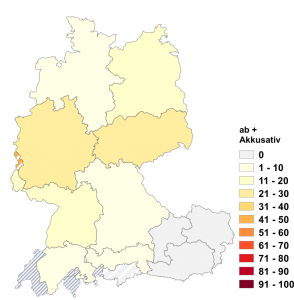 Relative Auftretenshäufigkeit von ab + Akkusativ innerhalb der einzelnen Areale im Verhältnis zu ab + Dativ (in %)