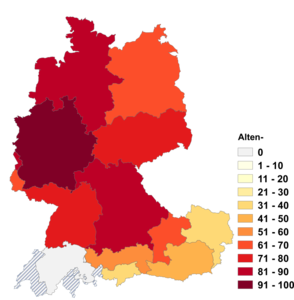 Relative Auftretenshäufigkeit von Alten- innerhalb der einzelnen Areale im Verhältnis zu Alters- (in %)