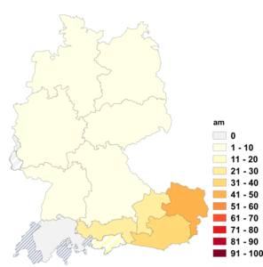 Relative Auftretenshäufigkeit von am innerhalb der einzelnen Areale im Verhältnis zu auf dem (in %)