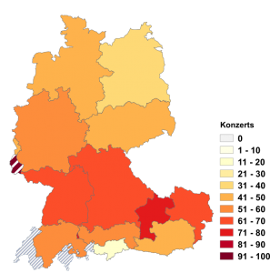 Relative Auftretenshäufigkeit von Konzerts innerhalb der einzelnen Areale im Verhältnis zu Konzertes (in %)