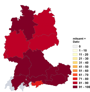 Relative Auftretenshäufigkeit von mitsamt + Dativ innerhalb der einzelnen Areale im Verhältnis zu mitsamt + Genitiv (in %)