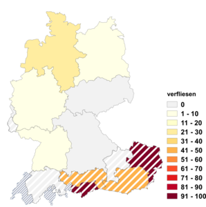 Relative Auftretenshäufigkeit von verfliesen innerhalb der einzelnen Areale im Verhältnis zu fliesen (in %)
