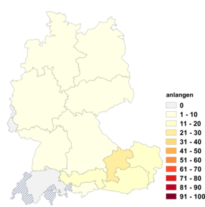 Relative Auftretenshäufigkeit von anlangen innerhalb der einzelnen Areale im Verhältnis zu anbelangen (in %)