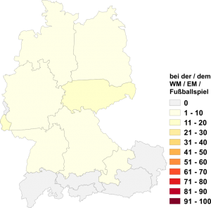 Relative Auftretenshäufigkeit von bei der WM / EM / dem Fußballspiel innerhalb der einzelnen Areale im Verhältnis zu an der WM / EM / dem Fußballspiel (in %)
