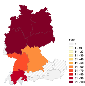 Relative Auftretenshäufigkeit von Fünf innerhalb der einzelnen Areale im Verhältnis zu Fünfer (in %)