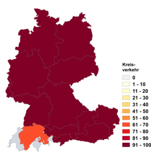 Relative Auftretenshäufigkeit von Kreisverkehr innerhalb der einzelnen Areale im Verhältnis zu Verkehrskreisel (in %)