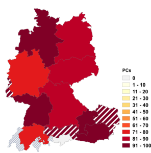 Relative Auftretenshäufigkeit von PCs innerhalb der einzelnen Areale im Verhältnis zu PC (in %)
