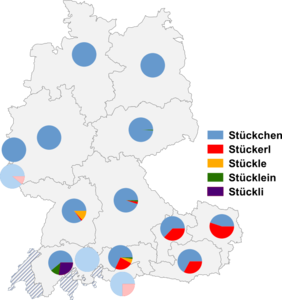 Relative Auftretenshäufigkeit von Stückchen / Stückerl / Stückle / Stücklein und Stückli innerhalb der einzelnen Areale