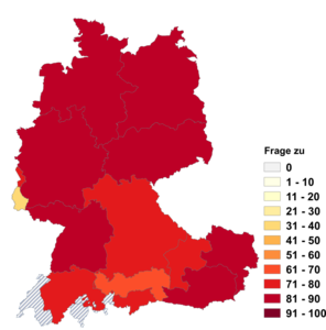Relative Auftretenshäufigkeit von Frage zu innerhalb der einzelnen Areale im Verhältnis zu Frage über (in %)