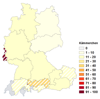 Relative Auftretenshäufigkeit von Kämmerchen innerhalb der einzelnen Areale im Verhältnis zu Kammerl und Kämmerlein (in %)