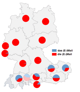 Relative Auftretenshäufigkeit von das (E-)Mail / die (E-)Mail innerhalb der einzelnen Areale
