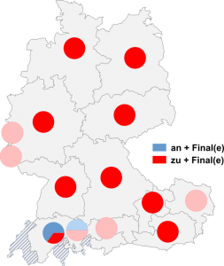 Relative Auftretenshäufigkeit von an + Final(e) / zu + Final(e) innerhalb der einzelnen Areale