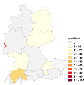 Relative Auftretenshäufigkeit von apolitisch innerhalb der einzelnen Areale im Verhältnis zu unpolitisch (in %)