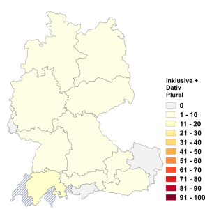 Relative Auftretenshäufigkeit von inklusive + Dativ Plural innerhalb der einzelnen Areale im Verhältnis zu inklusive + Genitiv Plural (in %)