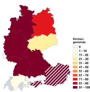 Relative Auftretenshäufigkeit von Kirchengemeinde innerhalb der einzelnen Areale im Verhältnis zu Kirchgemeinde (in %)