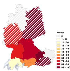 Relative Auftretenshäufigkeit von Senner innerhalb der einzelnen Areale im Verhältnis zu Senn (in %)