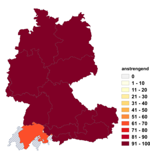 Relative Auftretenshäufigkeit von anstrengend innerhalb der einzelnen Areale im Verhältnis zu streng (in %)