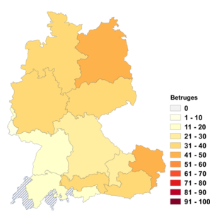 Relative Auftretenshäufigkeit von Betruges innerhalb der einzelnen Areale im Verhältnis zu Betrugs (in %)