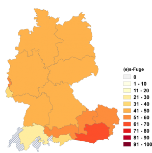 Relative Auftretenshäufigkeit von (e)s-Fuge innerhalb der einzelnen Areale im Verhältnis zu Nullfuge (in %)