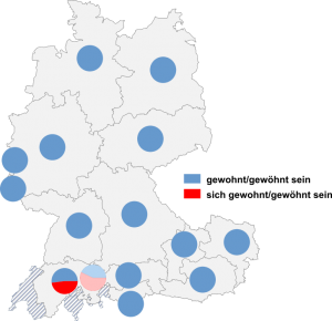 Relative Auftretenshäufigkeit von gewohnt/gewöhnt sein / sich gewohnt/gewöhnt sein innerhalb der einzelnen Areale