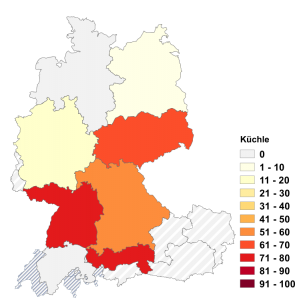 Relative Auftretenshäufigkeit von Küchle innerhalb der einzelnen Areale im Verhältnis zu Kücherl, Küch(e)l, Küchlein und Küechli (in %)