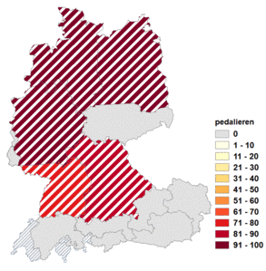 Relative Auftretenshäufigkeit von pedalieren innerhalb der einzelnen Areale im Verhältnis zu pedalen (in %)