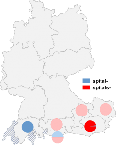 Relative Auftretenshäufigkeit von spital-/ spitals- innerhalb der einzelnen Areale