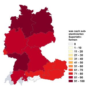 Relative Auftretenshäufigkeit von was nach substantivierten Superlativformen innerhalb der einzelnen Areale im Verhältnis zu das nach substantivierten Superlativformen (in %)