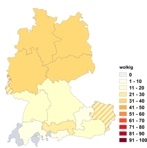 Relative Auftretenshäufigkeit von wolkig innerhalb der einzelnen Areale im Verhältnis zu bewölkt (in %)