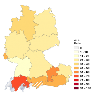 Relative Auftretenshäufigkeit von ab + Dativ innerhalb der einzelnen Areale im Verhältnis zu 'ab + Akkusativ (in %)