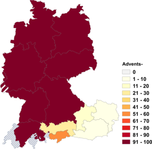 Relative Auftretenshäufigkeit von Advents- innerhalb der einzelnen Areale im Verhältnis zu Advent- (in %)