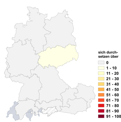 Relative Auftretenshäufigkeit von sich durchsetzen über innerhalb der einzelnen Areale im Verhältnis zu sich durchsetzen gegen und sich durchsetzen gegenüber (in %)