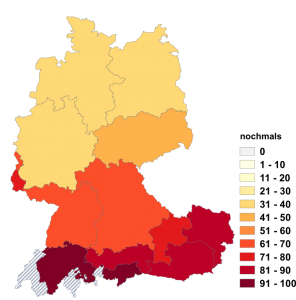 Relative Auftretenshäufigkeit von nochmals innerhalb der einzelnen Areale im Verhältnis zu nochmal (in %)