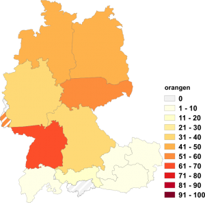 Relative Auftretenshäufigkeit von orangen innerhalb der einzelnen Areale im Verhältnis zu orange (in %)