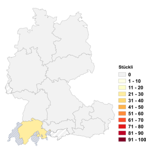 Relative Auftretenshäufigkeit von Stückli innerhalb der einzelnen Areale im Verhältnis zu Stückchen, Stückerl, Stückle und Stücklein (in %)