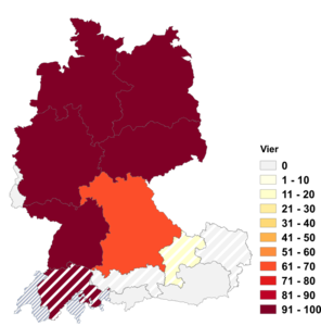 Relative Auftretenshäufigkeit von Vier innerhalb der einzelnen Areale im Verhältnis zu Vierer (in %)
