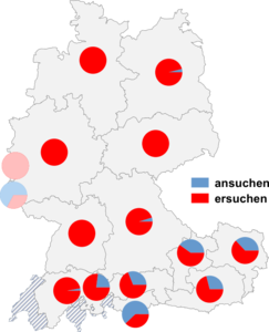 Relative Auftretenshäufigkeit von ansuchen / ersuchen innerhalb der einzelnen Areale