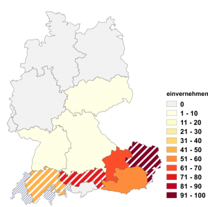 Relative Auftretenshäufigkeit von einvernehmen innerhalb der einzelnen Areale im Verhältnis zu vernehmen (in %)