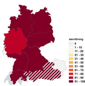 Relative Auftretenshäufigkeit von sternförmig innerhalb der einzelnen Areale im Verhältnis zu sternenförmig (in %)