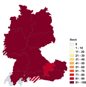 Relative Auftretenshäufigkeit von Stock innerhalb der einzelnen Areale im Verhältnis zu Stecken (in %)
