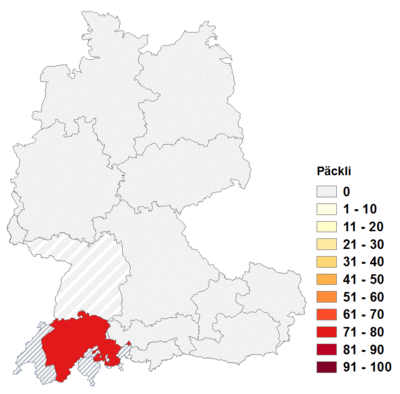 Relative Auftretenshäufigkeit von Päckli innerhalb der einzelnen Areale im Verhältnis zu Päckchen und Packerl (in %)